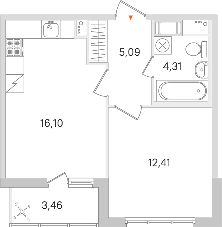 Планировка: 1-комнатная квартира, 37,9 м²