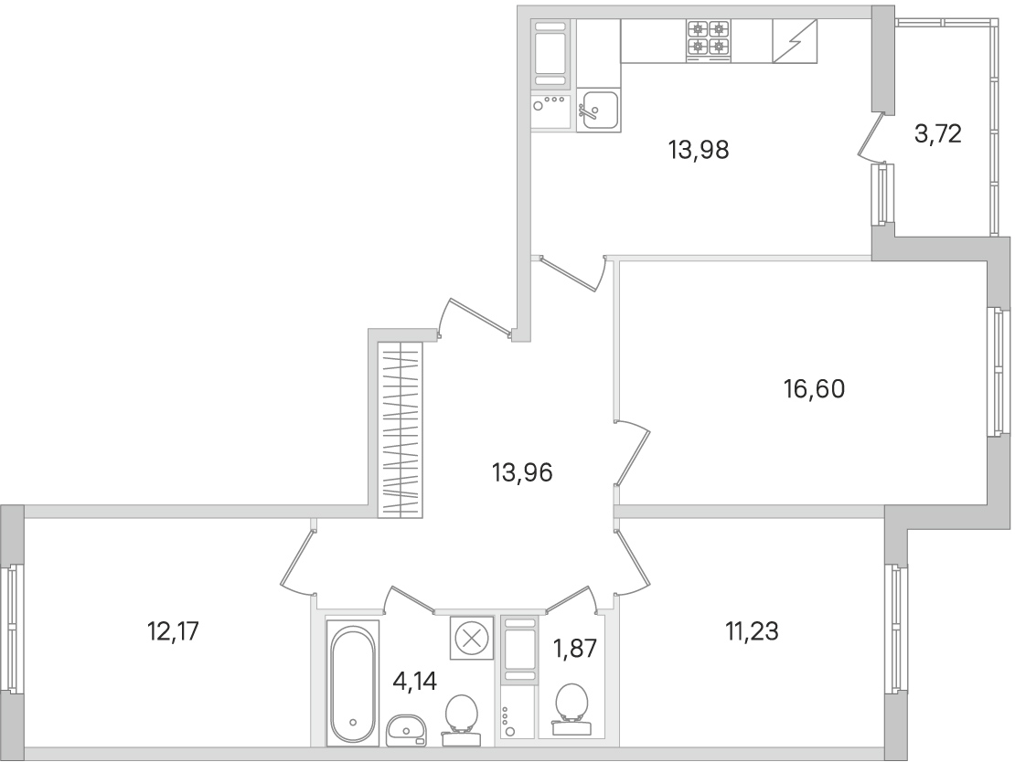 Планировка: 3-комнатная квартира, 74,0 м²