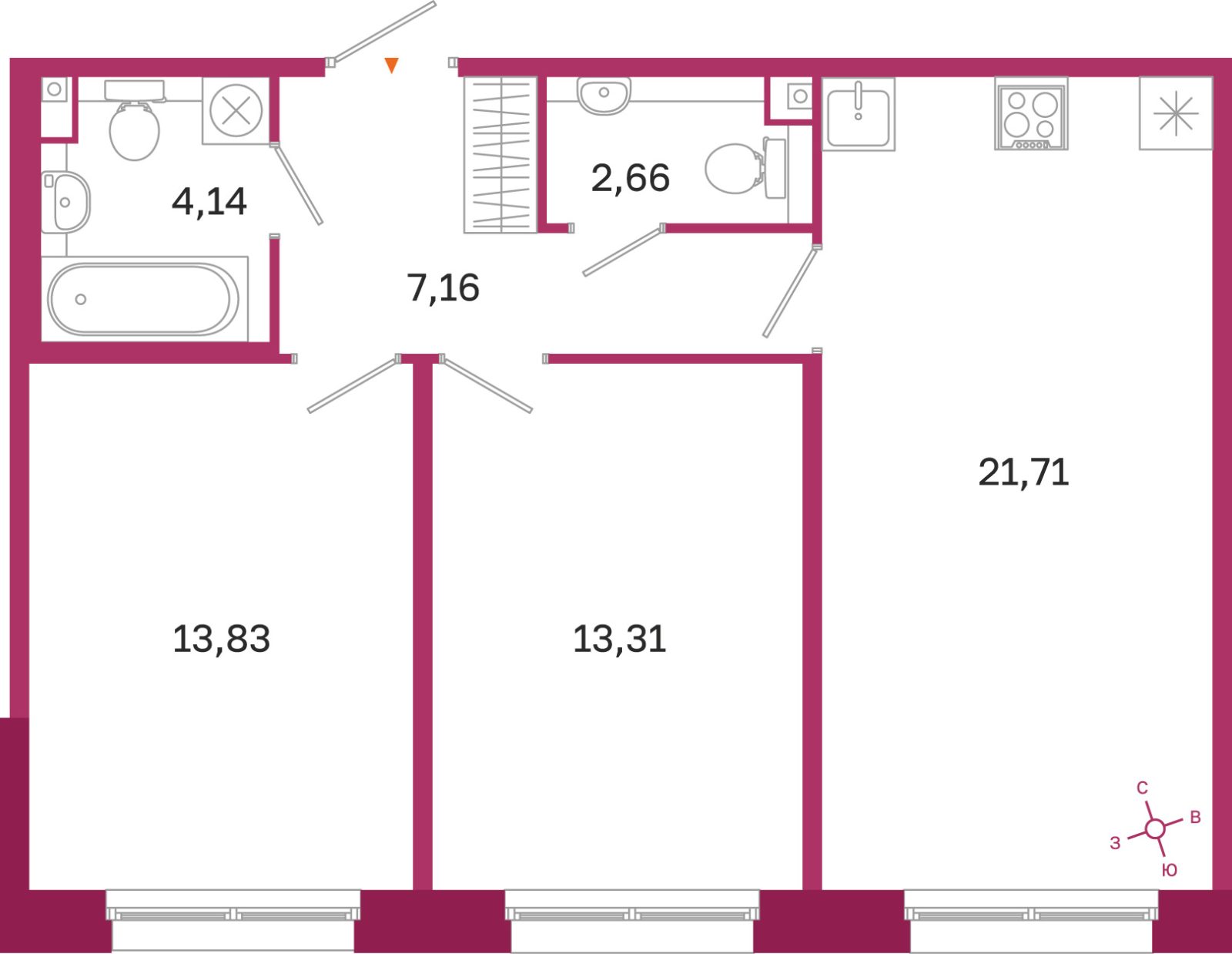 Планировка: 2-комнатная квартира, 62,8 м²