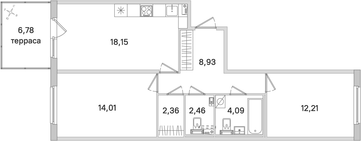 Планировка: 2-комнатная квартира, 62,2 м²