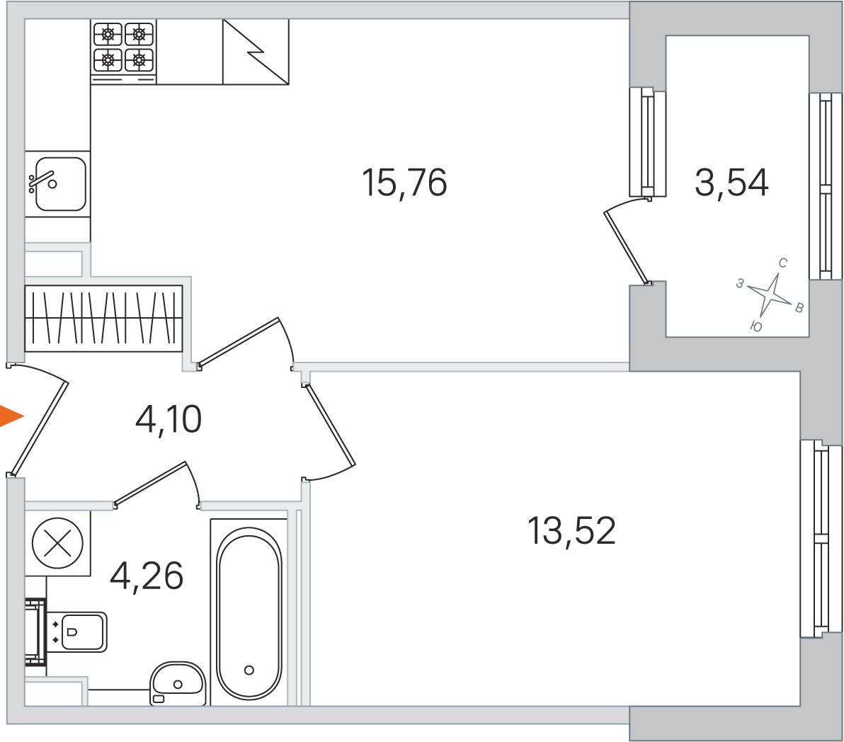 Планировка: 1-комнатная квартира, 37,6 м²