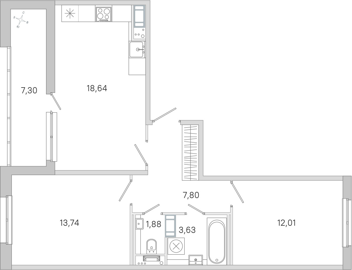 Планировка: 2-комнатная квартира, 57,7 м²