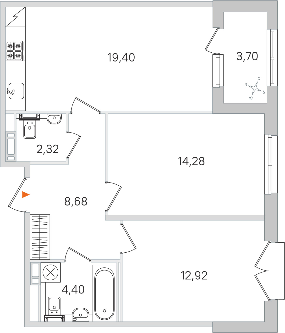 Планировка: 2-комнатная квартира, 62,0 м²