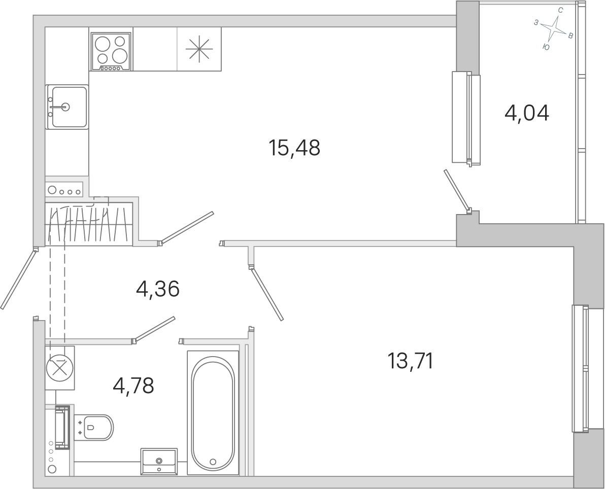 Планировка: 1-комнатная квартира, 38,3 м²