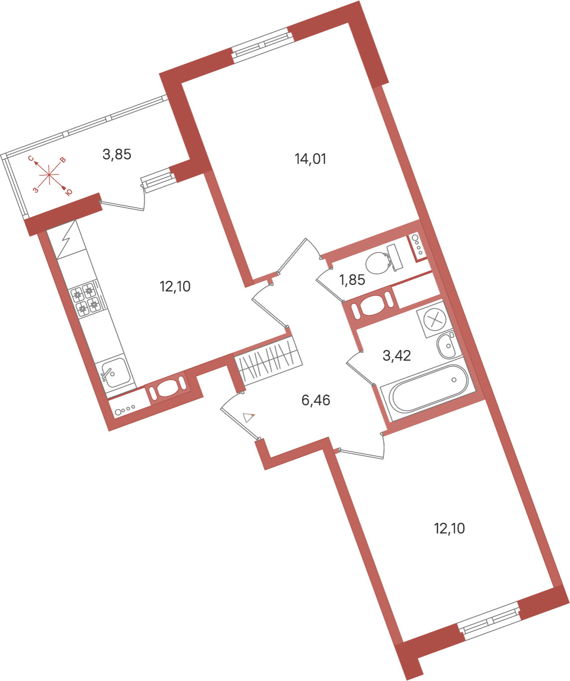 Планировка: 2-комнатная квартира, 49,9 м²