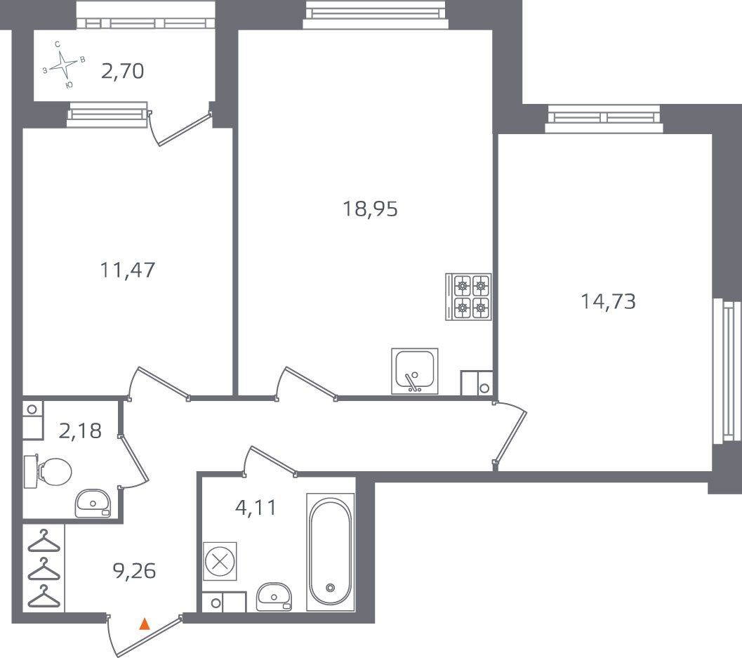 Планировка: 2-комнатная квартира, 60,7 м²