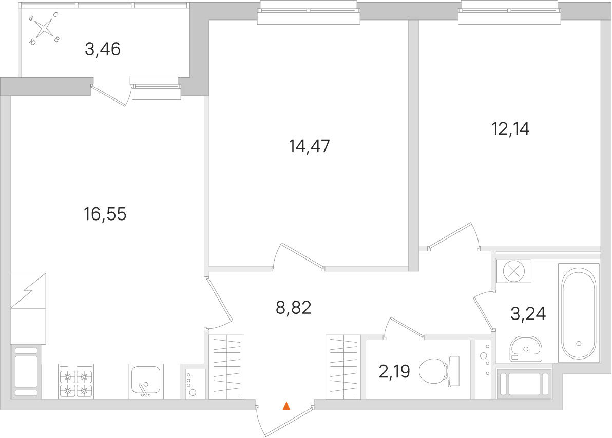 Планировка: 2-комнатная квартира, 57,4 м²