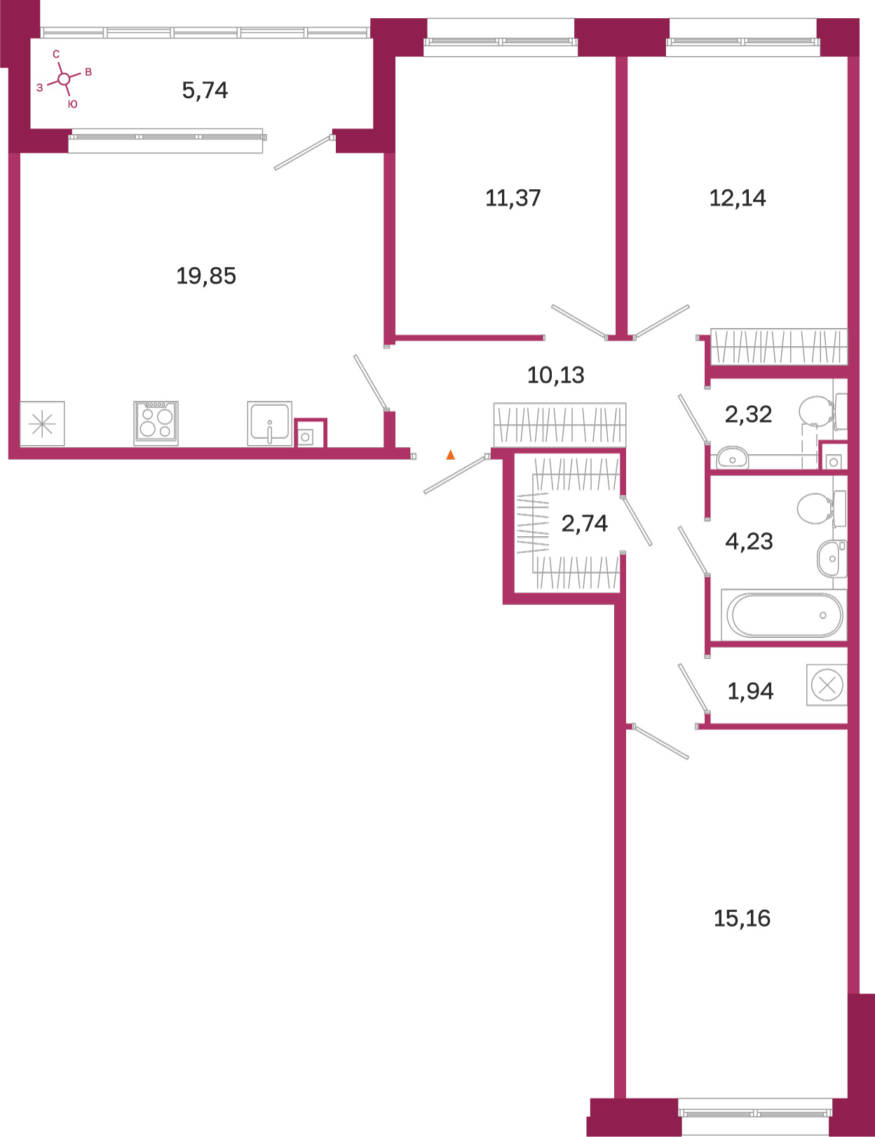Планировка: 3-комнатная квартира, 79,9 м²