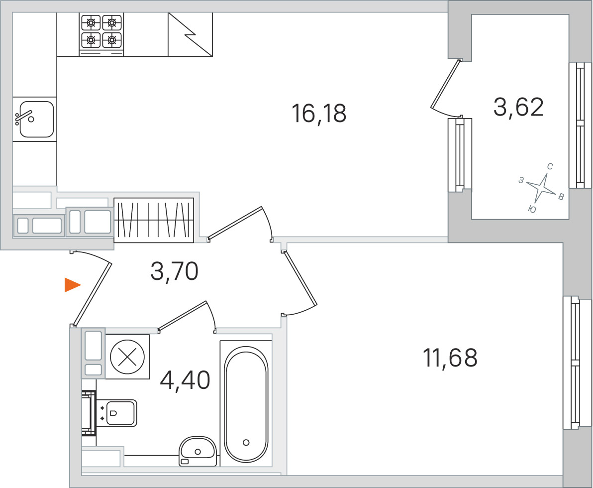 Планировка: 1-комнатная квартира, 36,0 м²