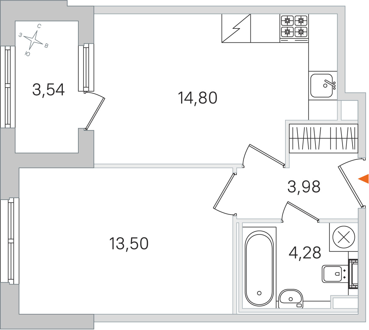 Планировка: 1-комнатная квартира, 36,6 м²