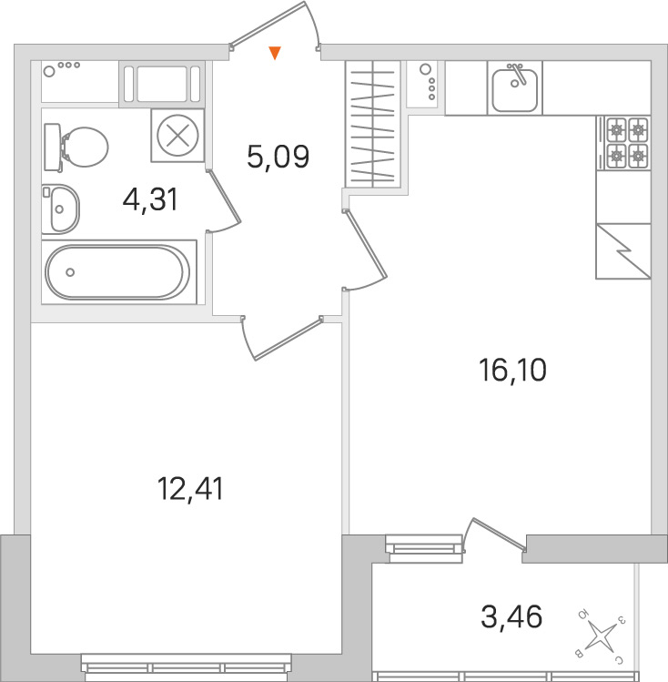 Планировка: 1-комнатная квартира, 37,9 м²