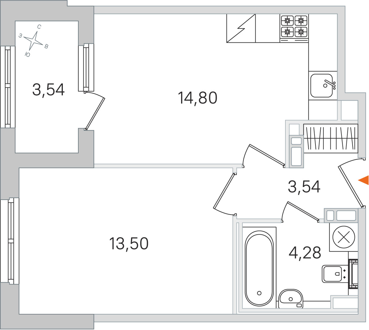 Планировка: 1-комнатная квартира, 36,1 м²