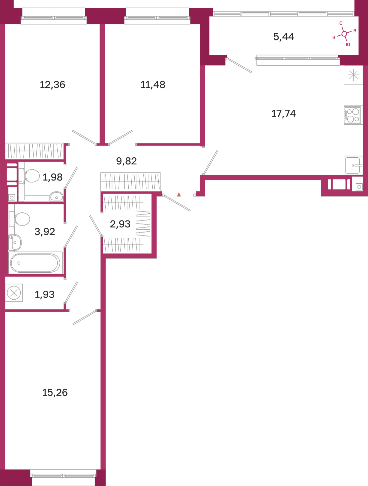 Планировка: 3-комнатная квартира, 77,4 м²