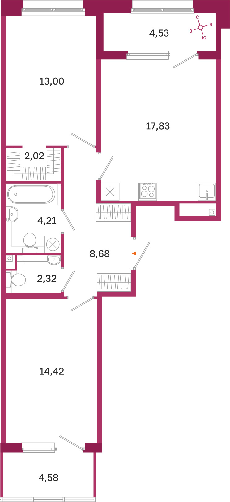 Планировка: 2-комнатная квартира, 62,5 м²
