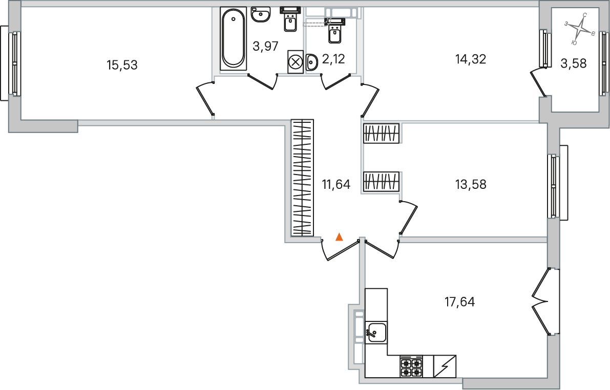 Планировка: 3-комнатная квартира, 78,8 м²