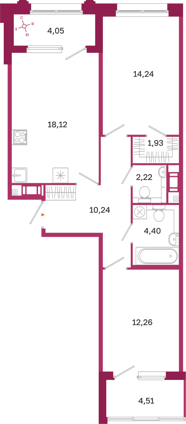 Планировка: 2-комнатная квартира, 63,4 м²