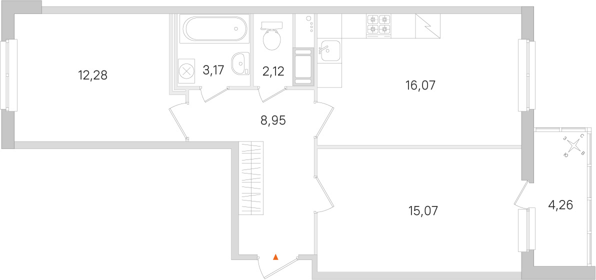 Планировка: 2-комнатная квартира, 57,7 м²