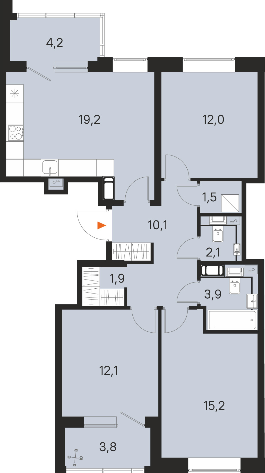 Планировка: 3-комнатная квартира, 78,0 м²