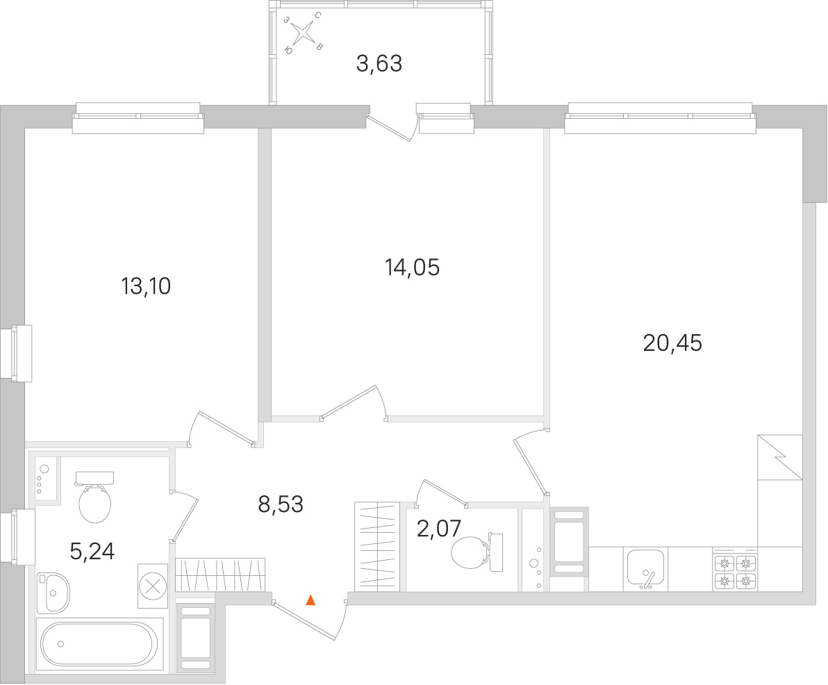 Планировка: 2-комнатная квартира, 63,4 м²