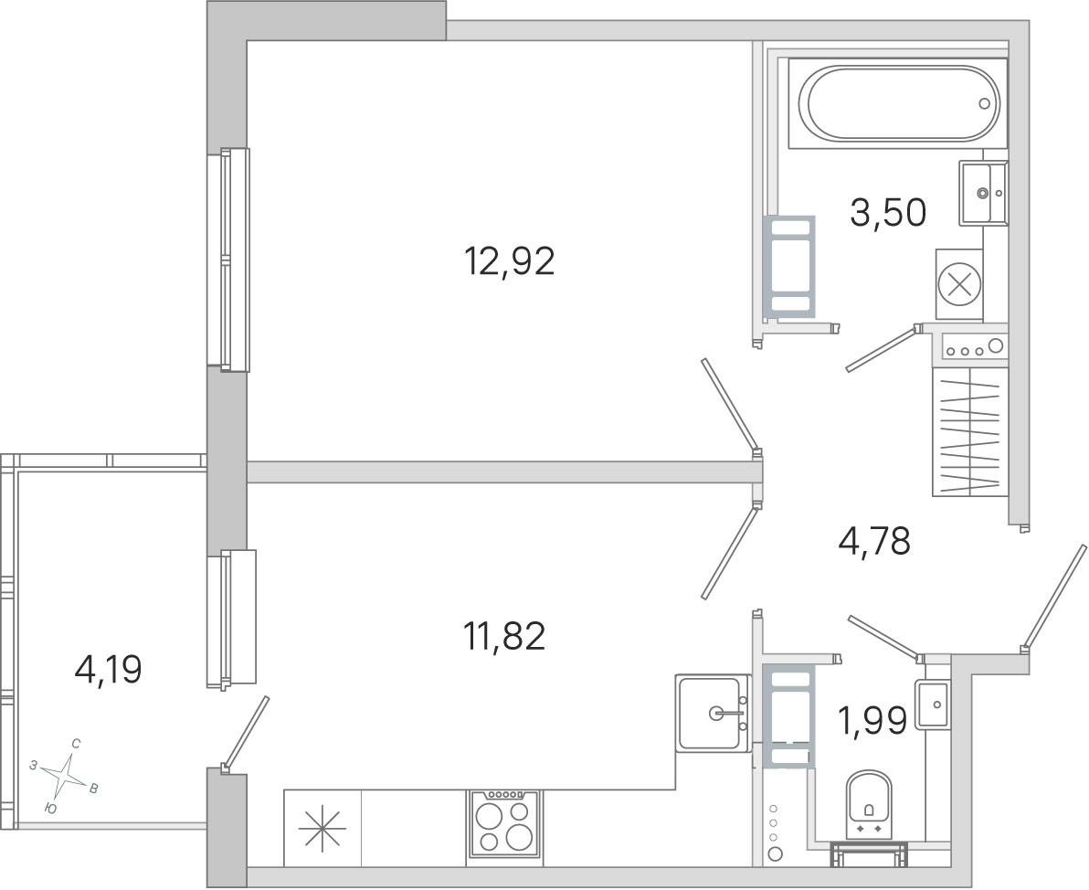 Планировка: 1-комнатная квартира, 35,0 м²