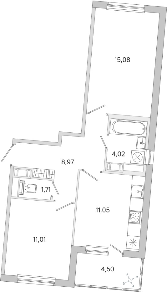 Планировка: 2-комнатная квартира, 51,8 м²