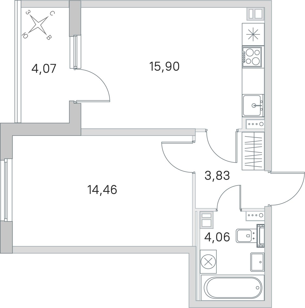 Планировка: 1-комнатная квартира, 38,3 м²