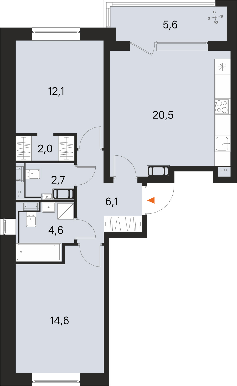 Планировка: 2-комнатная квартира, 62,6 м²