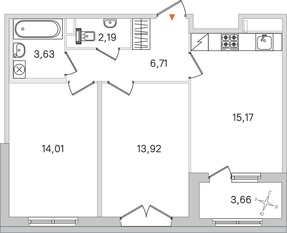 Планировка: 2-комнатная квартира, 55,6 м²