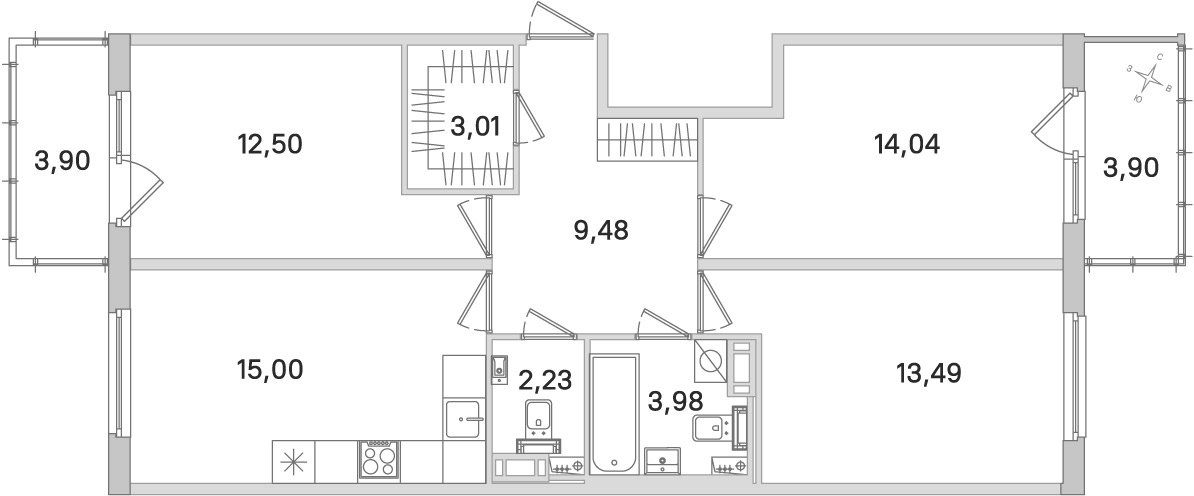 Планировка: 3-комнатная квартира, 73,7 м²