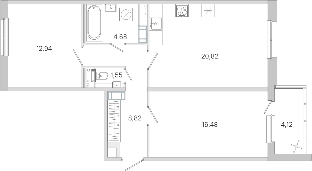 Планировка: 2-комнатная квартира, 65,3 м²