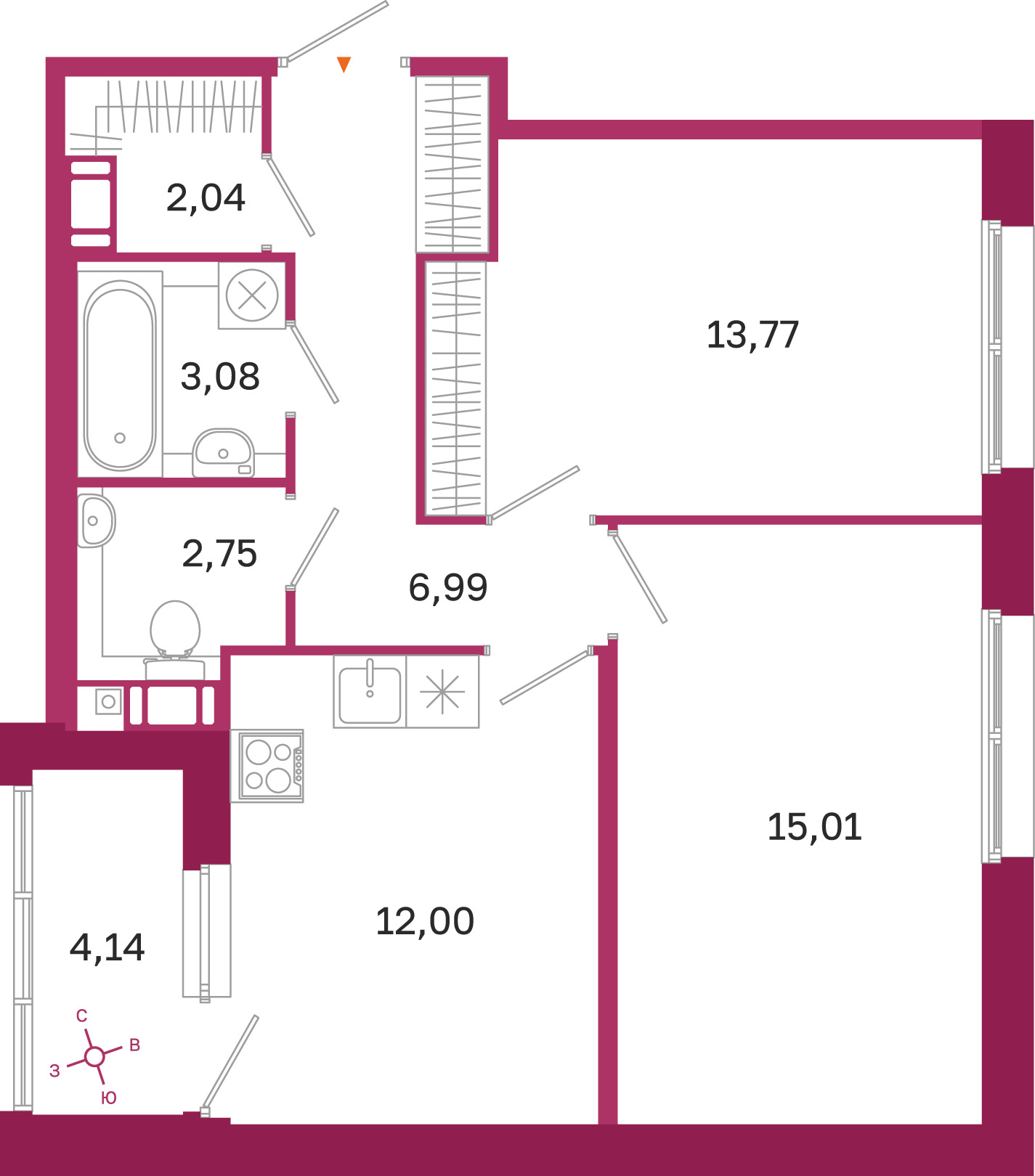 Планировка: 2-комнатная квартира, 55,6 м²