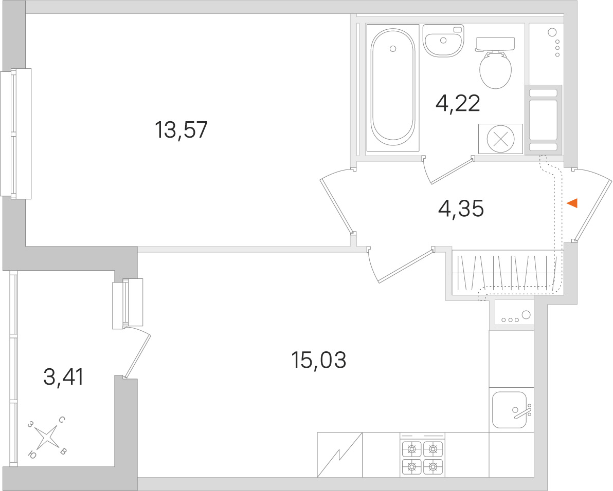 Планировка: 1-комнатная квартира, 37,2 м²
