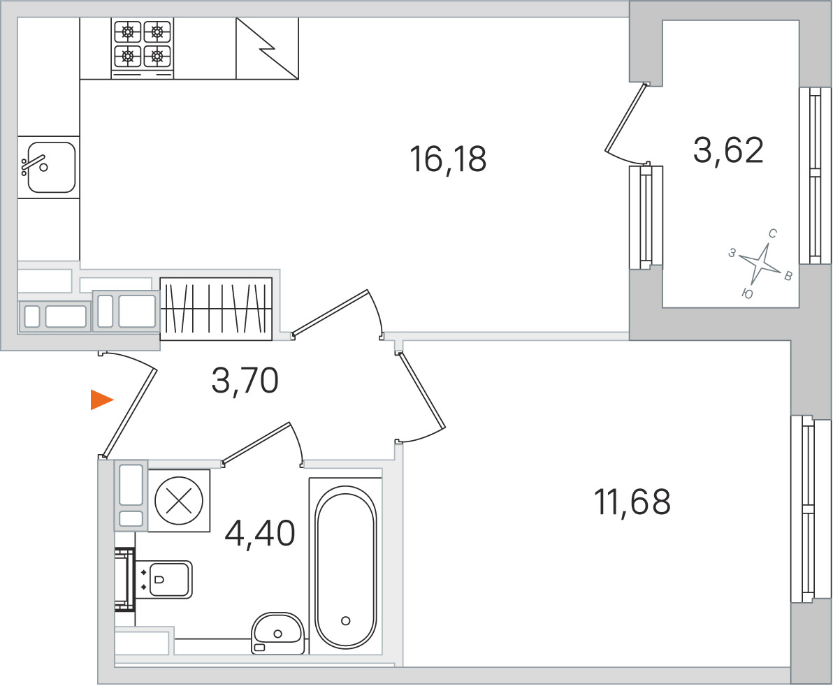 Планировка: 1-комнатная квартира, 36,0 м²