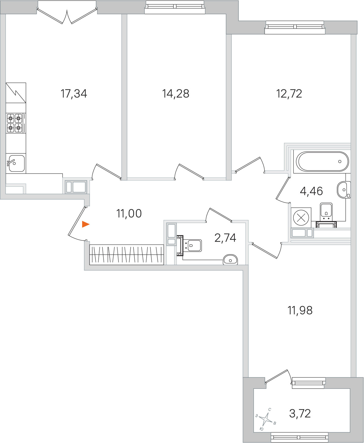 Планировка: 3-комнатная квартира, 74,5 м²