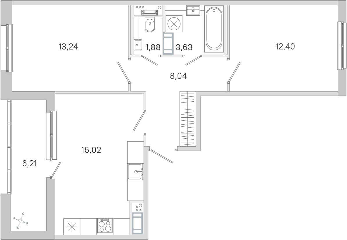 Планировка: 2-комнатная квартира, 55,2 м²