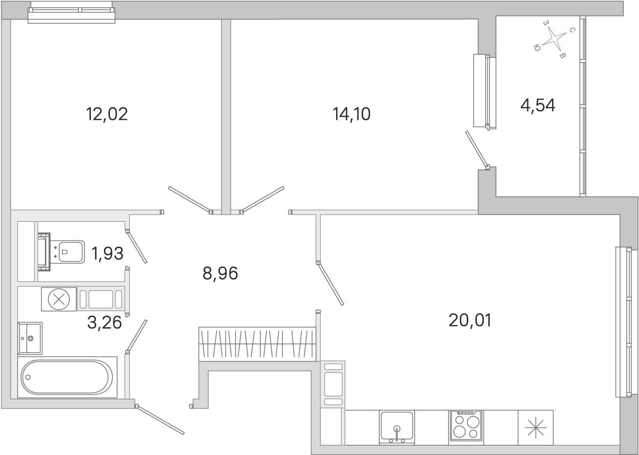 Планировка: 2-комнатная квартира, 60,3 м²