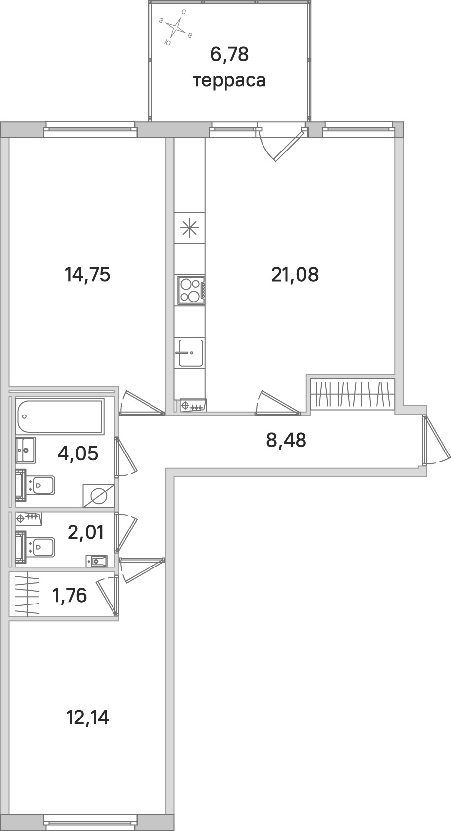 Планировка: 2-комнатная квартира, 64,3 м²