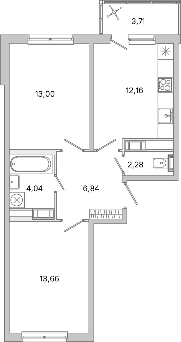 Планировка: 2-комнатная квартира, 52,0 м²