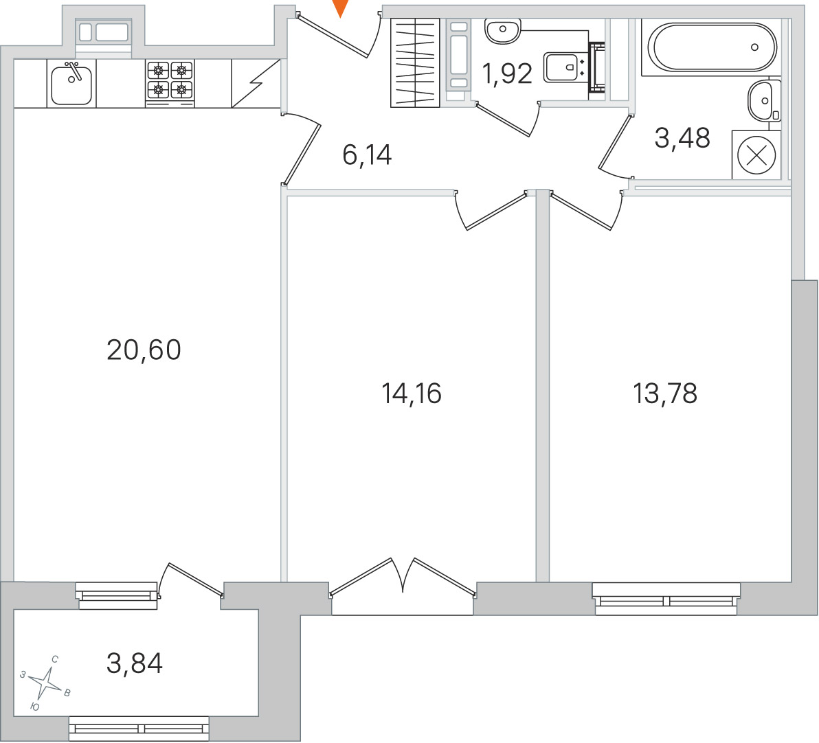 Планировка: 2-комнатная квартира, 60,1 м²