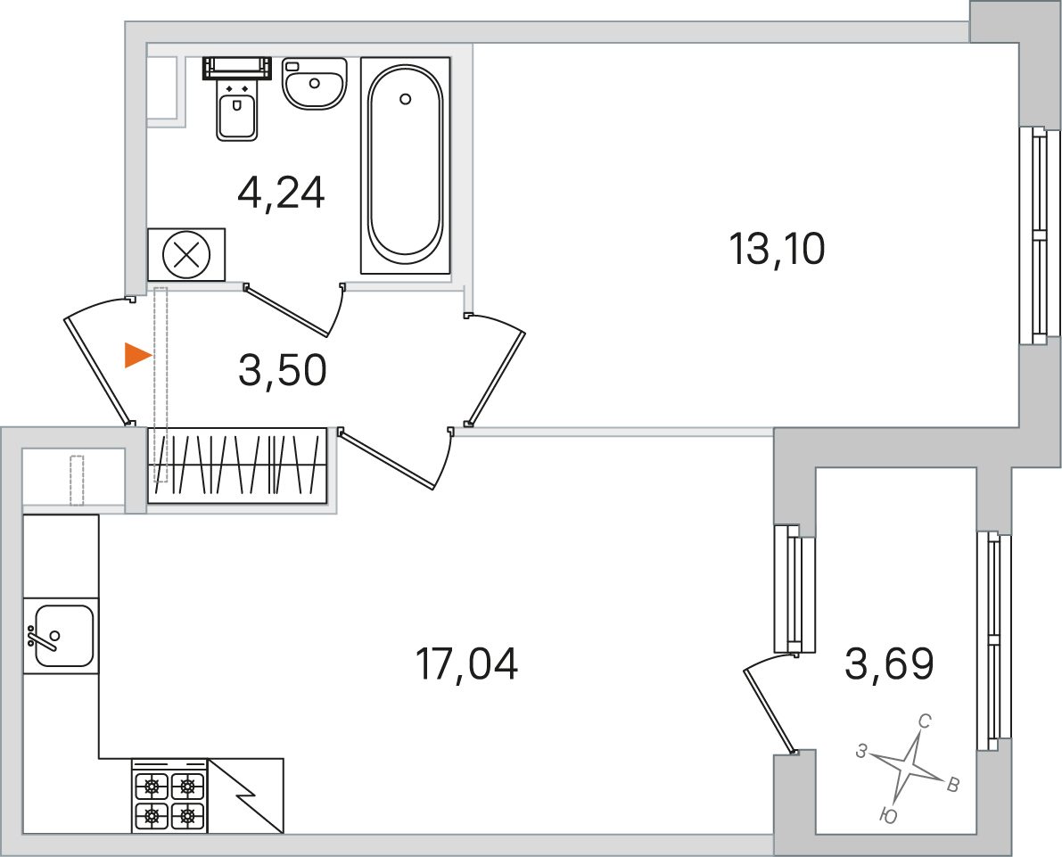 Планировка: 1-комнатная квартира, 37,9 м²