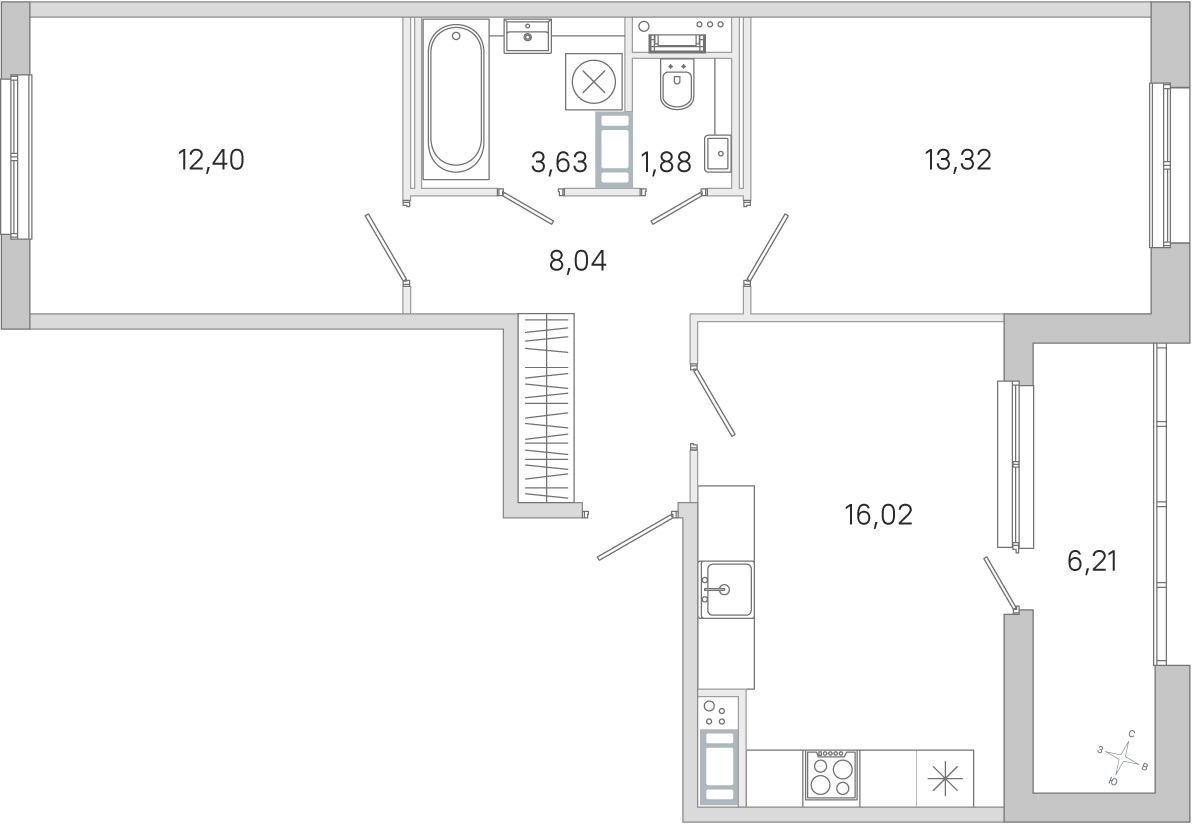 Планировка: 2-комнатная квартира, 55,3 м²