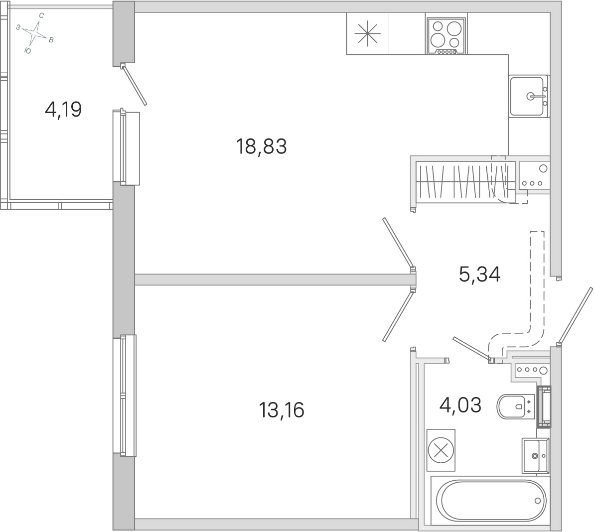 Планировка: 1-комнатная квартира, 41,4 м²