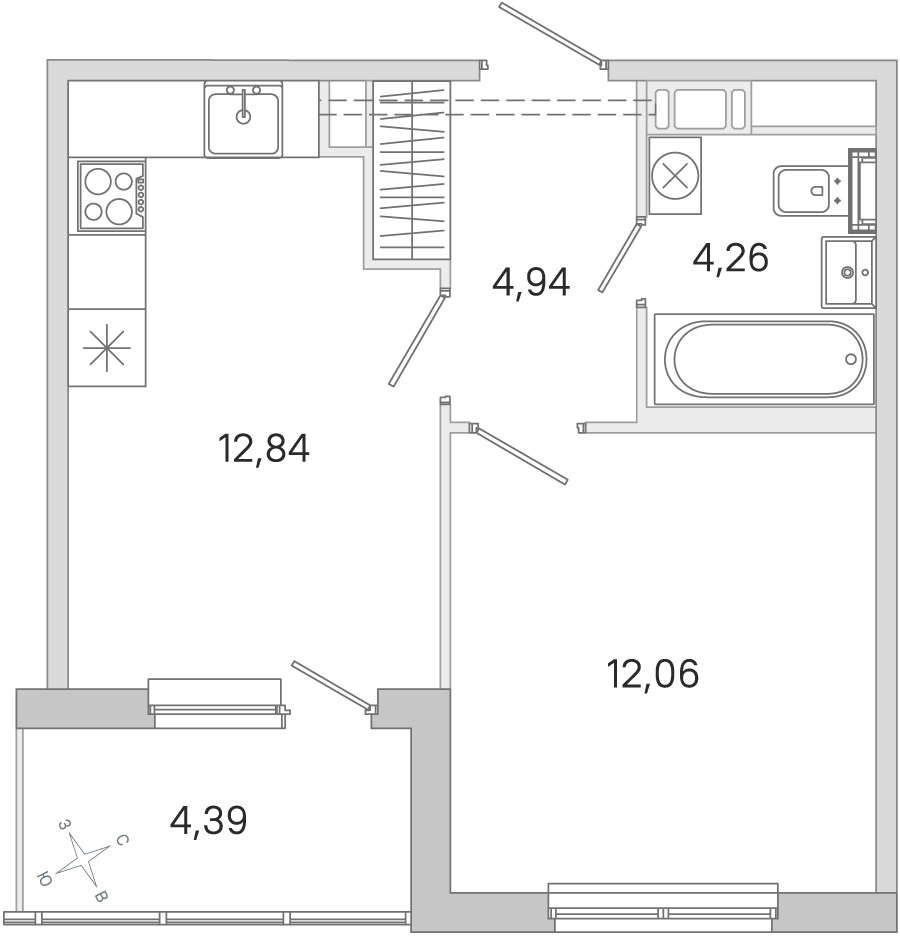 Планировка: 1-комнатная квартира, 34,1 м²