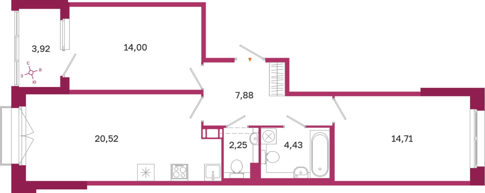 Планировка: 2-комнатная квартира, 63,8 м²