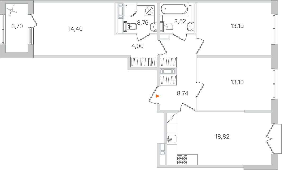 Планировка: 3-комнатная квартира, 79,4 м²