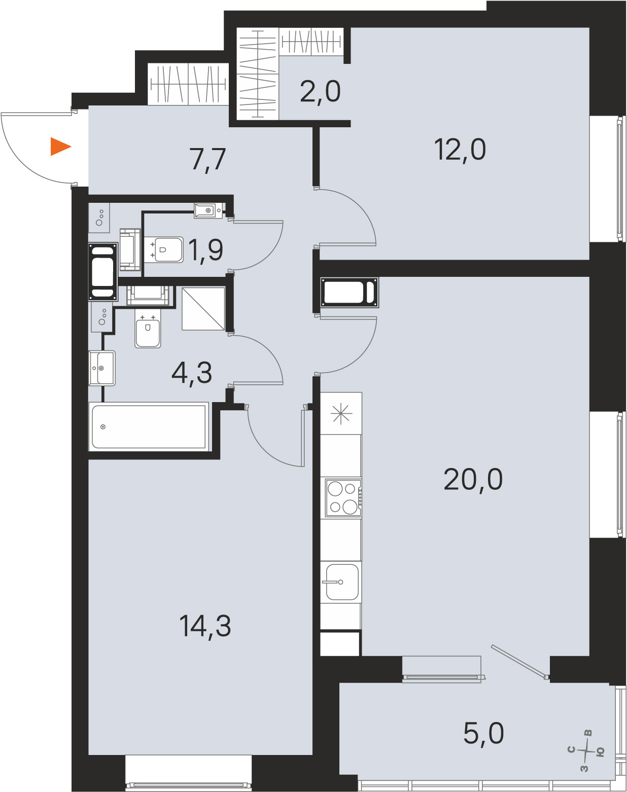 Планировка: 2-комнатная квартира, 62,2 м²