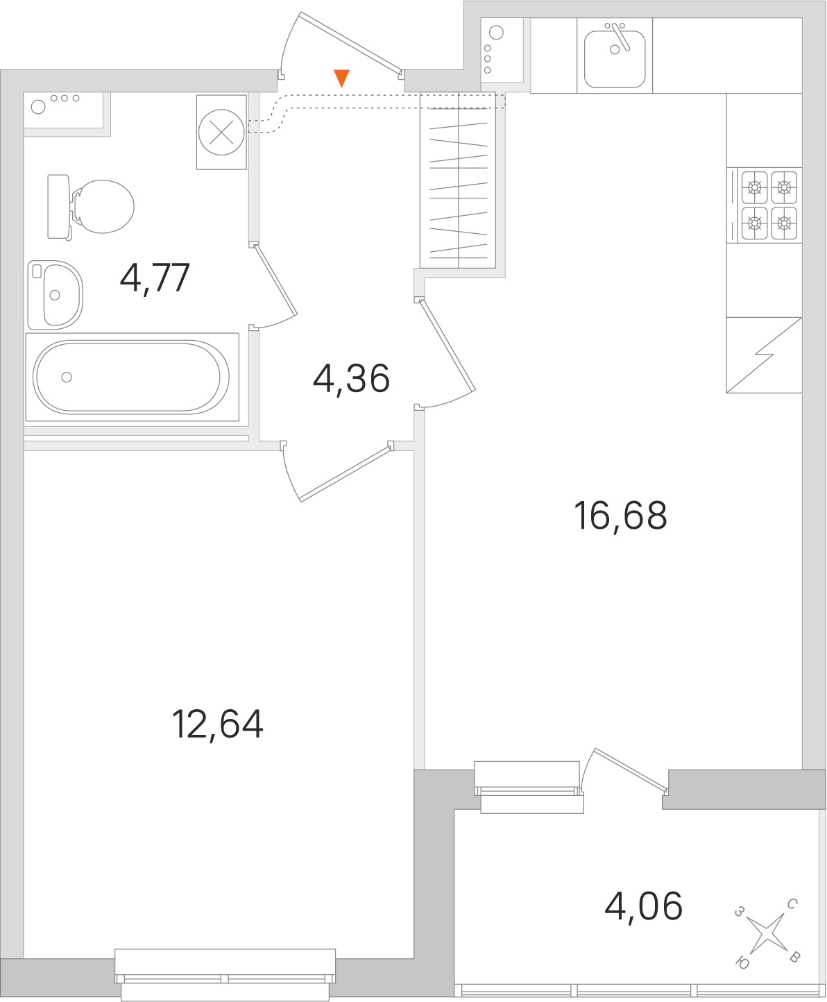 Планировка: 1-комнатная квартира, 38,5 м²