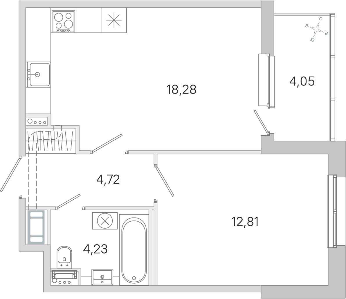 Планировка: 1-комнатная квартира, 40,0 м²