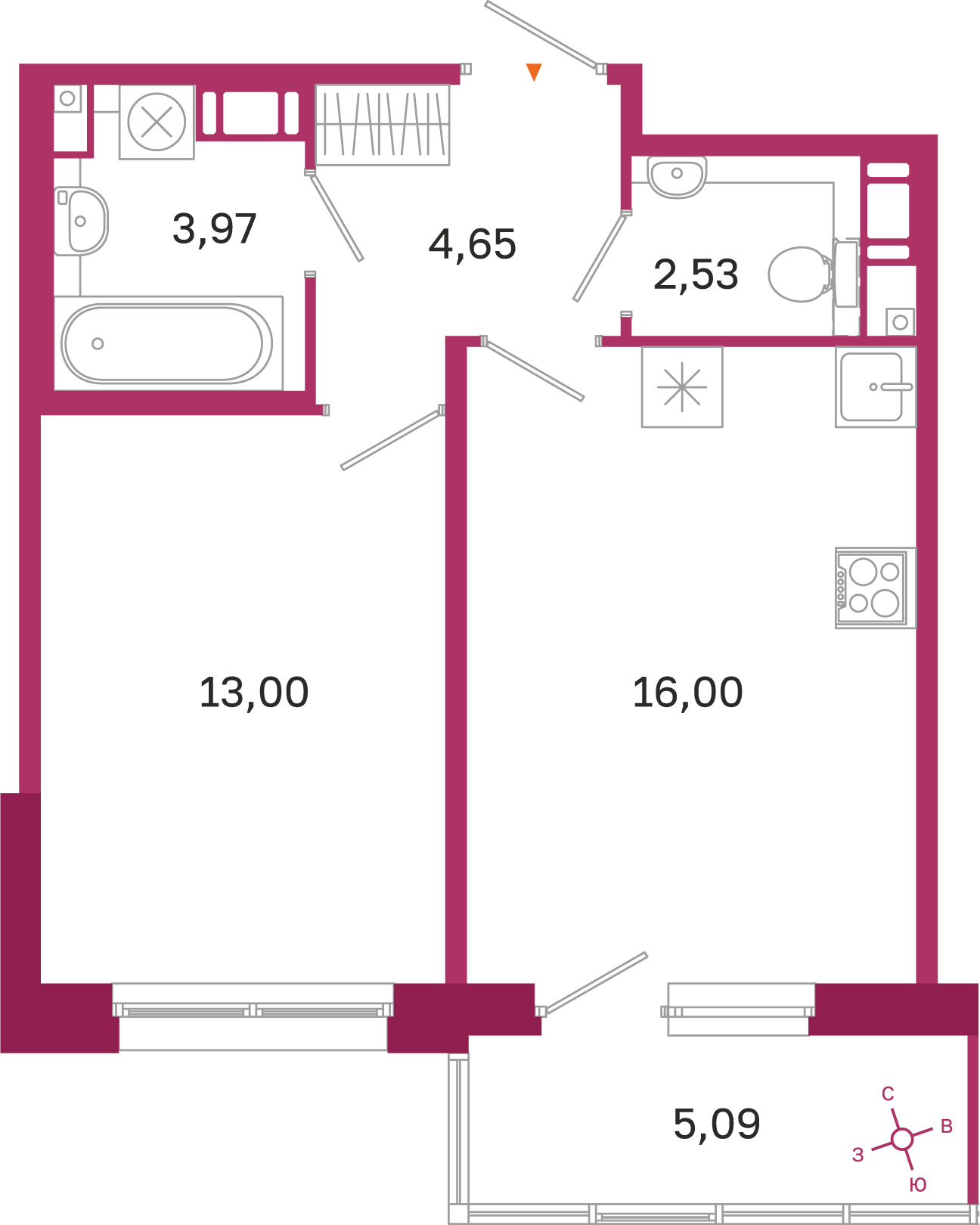 Планировка: 1-комнатная квартира, 40,2 м²