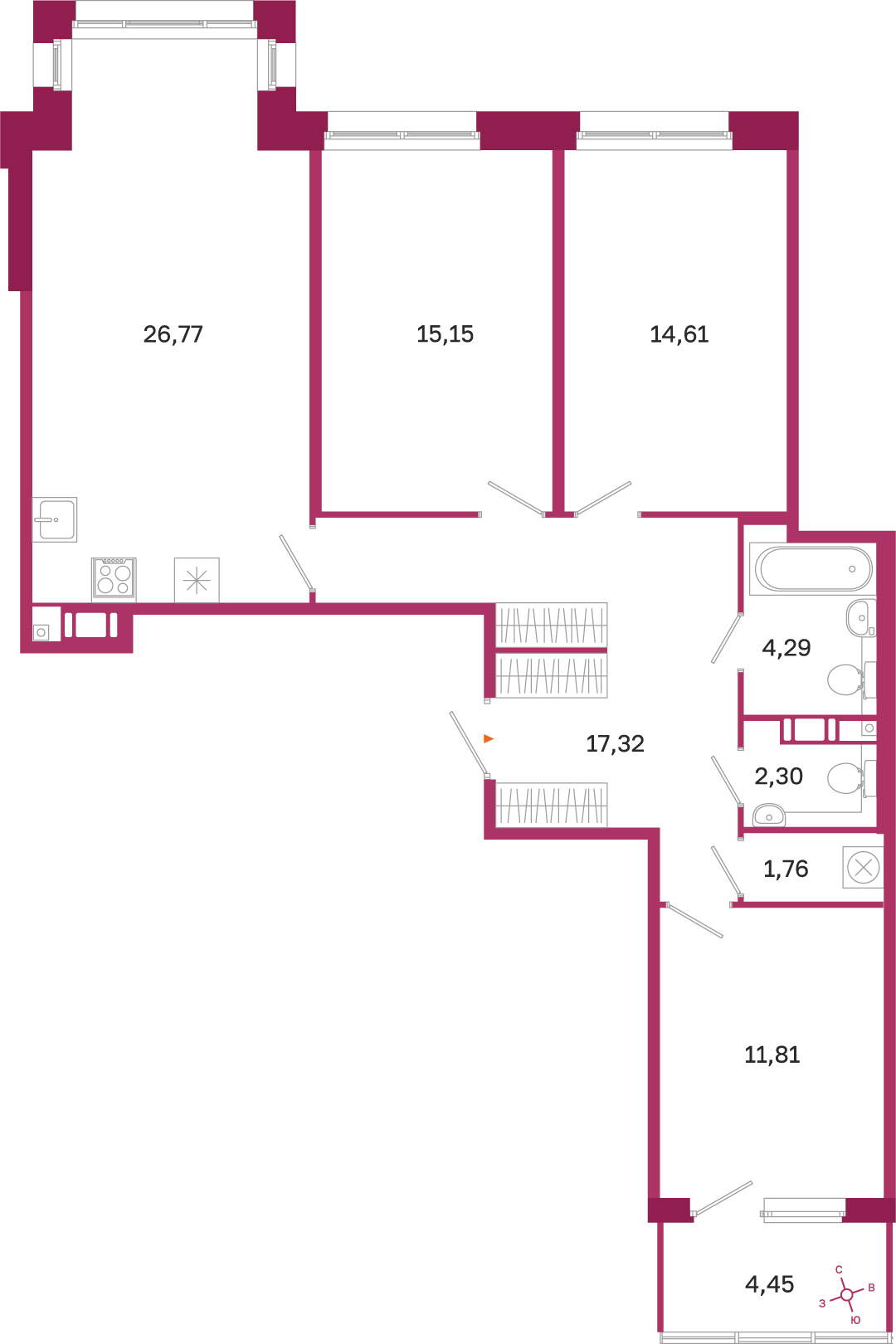 Планировка: 3-комнатная квартира, 94,0 м²